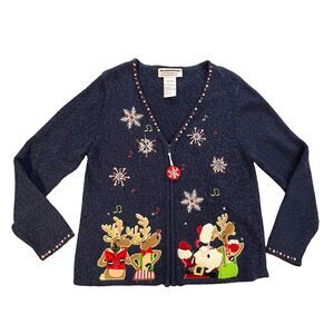 Tiara Int'l Christmas Cardigan Sweater LARGE Blue Snowflakes Santa Reindeer